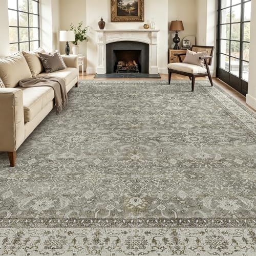 Neutral Gray Large Area Rugs 9x12 Living Room, Washable Non Slip Low Pile Big Carpet for Bedroom Dining Room, Modern Faromhouse French Print Decorative Rug for Family Room, Gray/Beige/Olive by Jainmy