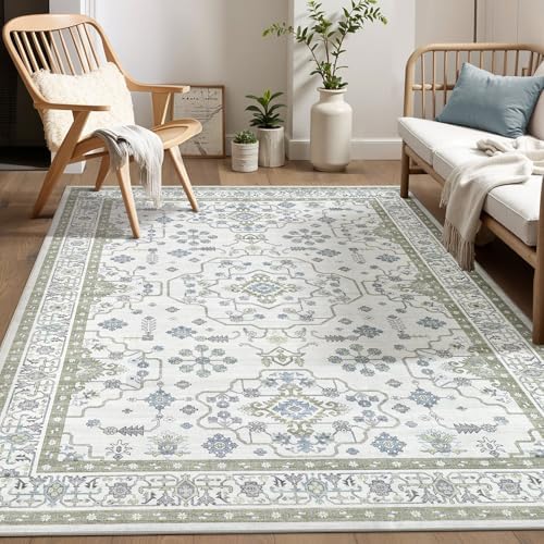 Area Rug 6x9 for Living Room - Washable Oriental Vintage Floral Distressed Large Indoor Carpets with Non Slip Back for Bedroom Dining Room Nursery Office Home Decor -Light Green by homewill