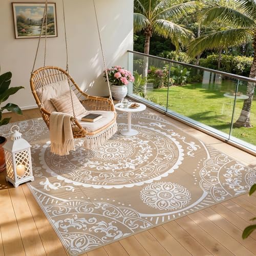 Pauwer Waterproof Outdoor Rug 9x12, Plastic Straw Patio Mat, Paisley Brown - Image 6