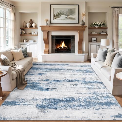 PLHXFR 10x12 Area Rug Living Room: Abstract Washable Carpet White Blue by PLHXFRSoftAreaRugs