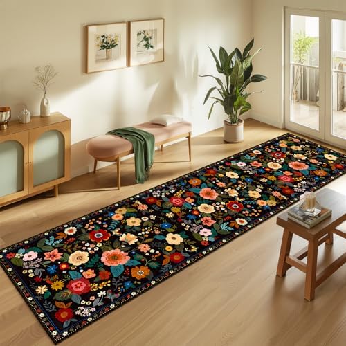 Floral Washable 2x10 Area Rugs Runner Entryway Hallway Black - Image 2