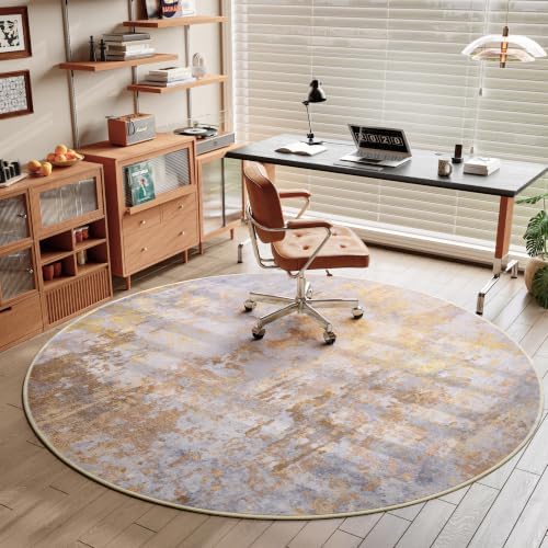 Beige Gold Round Area Rugs 4ft Washable Circle Rug for Entryway Kitchen, Non Slip Soft Low Pile Stain Resistant, Boho Circular Carpet for Living Room Bedroom Dorm Dining Room Table, Abstract Tan - Image 5