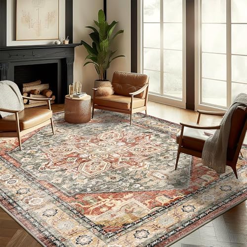 CHAMPLANT Washable Area Rug 10'x14' Red Khaki Retro Flowers Boho Design Non-Shedding Easy Care Ideal for High Traffic Areas in Living Room Bedroom Office Coffee Table Kitchen Large Carpet by CHAMPLANT