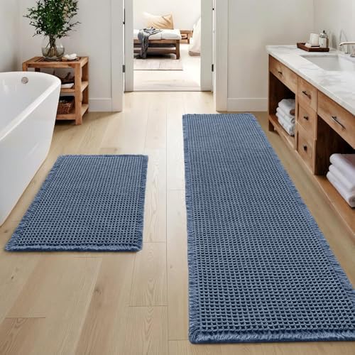 MIULEE Set of 2 Waffle Bathroom Rugs Boho Bath Mat Blue 17"x24"+17"x48" by MIULEE