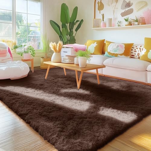 OLANLY Area Rugs for Living Room Bedroom, Machine Washable 4x5.9 ft Soft Fluffy Shaggy Bedside Rug, Indoor Floor Carpet for Kids Girls and Boys, Dorms, Nursery Rooms, Home Decor Aesthetic, Coffee - Image 3