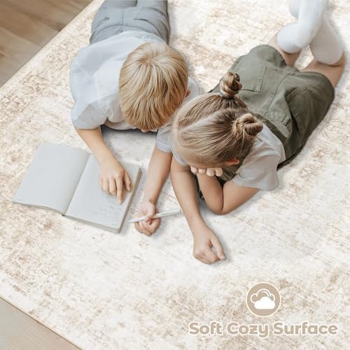 Area Rug 5x7 Washable Rug, Vintage Boho Medallion Rugs Non-Slip Soft Low Pile Large Distressed Rug Indoor Retro Carpet for Living Room Bedroom Dining Room Home Office (Beige, 5'x7') - Image 4
