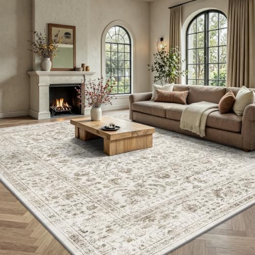 8x10 Area Rugs for Living Room, Washable Vintage Retro Floral Rug, Low Pile Non Slip Distressed Large Carpet for Bedroom, Dining Room, Office, Home (Brown) - Image 3
