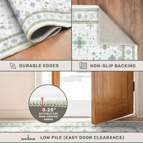 Hazo Haus Washable Oushak 2x8 Bathroom Runner Rug - Vintage Turkish Floral 8ft Long Low Pile Non Slip Runners for Kitchen, Hallway - Cream Blue and Green - Image 5