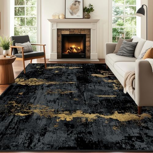 RELEANY Washable 6'x8' Abstract Area Rug for Living Room Black Gold - Image 3