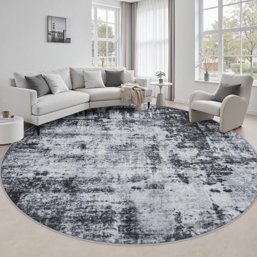 Round Area Rug Living Room: 8 ft Modern Washable Carpet Dark by FXRHLP