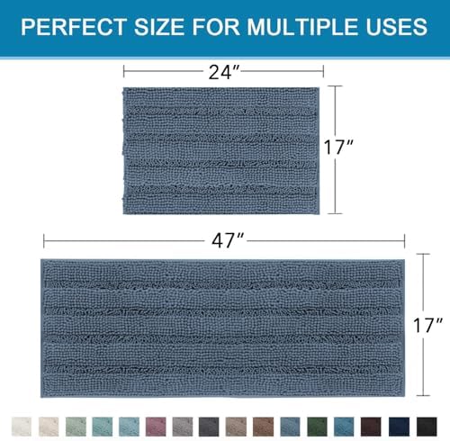 H.VERSAILTEX Bathroom Rug Sets 2 Piece Bath Mats Non Slip Thick Soft Chenille Striped Bath Rug achine Washable Shower Floor Rugs for Tub, Shower and Floor (Blue Indigo, 47" x 17"/17" x 24") - Image 2