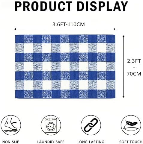 MUBIN Cotton Blue White Plaid Rug, 27.5''x 43'' Checked Outdoor Rug Front Door Decorative Mat, Hand-Woven Washable Reversible Foldable Rug for Front Porch, Entryway (43''L x 27.5''W, Blue White Plaid) - Image 2