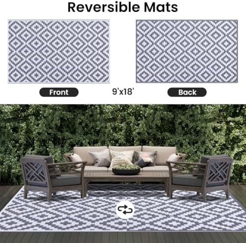 Smiry Outdoor Rug 9x18 ft Waterproof Reversible Boho Mat, White & Grey - Image 3