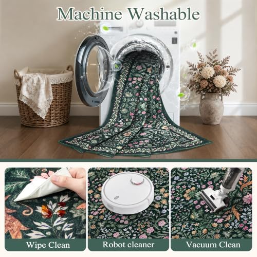 Tosuoka 6x9 Area Rugs Washable Floral Rug Boho Dark Green Carpet Farmhouse - Image 4