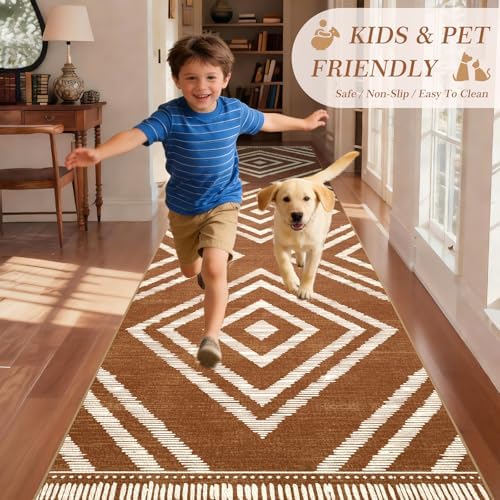 Boho Hallway Runner Rugs 2.6x14ft Non Slip, Long Brown Washable Entryway Rug Runners Non Shedding, Geometric Kitchen Floor Carpets for Doorway Entrance Farmhouse Living Room Home Decor - Image 5