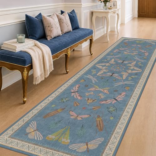 Colorful Vintage Runner Rug 3x10, Blue Insect Non Slip Hallway Rug for Kitchen Sink & Entryway, Washable Carpet by HazoHaus