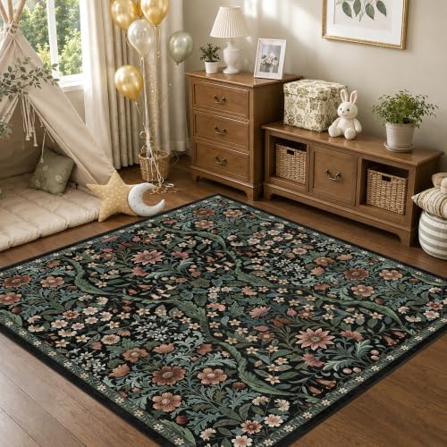 5x5 Square Rug Floral Washable Rugs Living Room Indoor Carpet by NakedCloud