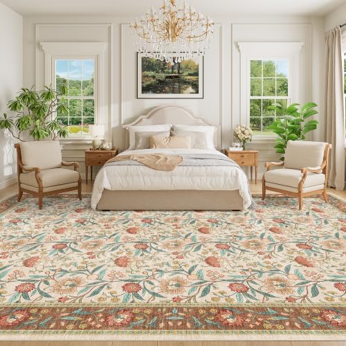 DUKINO 10x14 Area Rugs for Living Room, Washable Vintage Floral Rug, Brown - Image 3