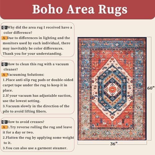 SERISSA 3x5 Washable Non Slip Boho Area Rug for Bedroom，Rust - Image 2