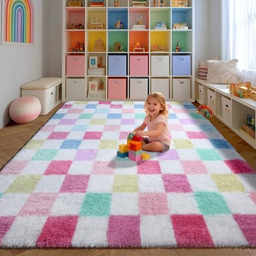 KICMOR Checkered Rug 8x10 for Living Room, Rainbow Colorful Fluffy Soft Large Area Rug Fuzzy Shag Shaggy Bedroom Carpet, Cute Indoor Plush Rugs for Kids Girls Boys Dorm Nursery Home Decor Aesthetic by KICMOR