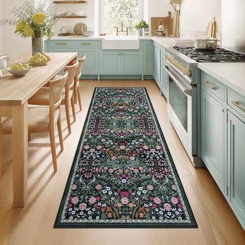 PLHXFR 2x5 Washable Runner Rug：Floral Indoor Kitchen Carpet Dark Green by PLHXFRSoftAreaRugs