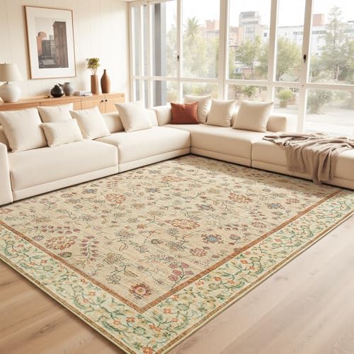 Goideal Beige Rug for Girls Room, 5x7 Floral Washable Area Rug Non Slip, Boho Low Pile Carpet with Rubber Backing for Bedroom Living Room Bathroom Playroom Nursery Office by Goideal