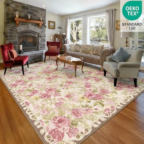 Washable 8x10 Area Rug, Cream Boho Floral Non-Slip for Living Room, Bedroom - Image 3