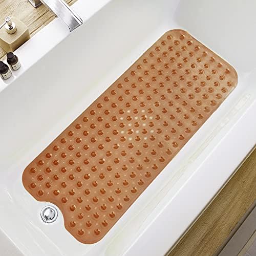 TEESHLY Bathtub Mats for Shower Tub, Extra Long Non-Slip 39 x 16 Inch Bath Mat with Drain Holes and Suction Cups, BathMat for Bathroom with Machine Washable (Clear Brown) by TEESHLY