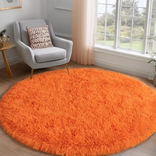 6ft Round Fluffy Rug for Bedroom Orange, Washable Non-Slip - Image 3