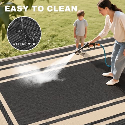 RURALITY Outdoor Rugs 5x8 Waterproof for Patios Clearance,Plastic Straw Mats for Backyard,Porch,Deck,Balcony,Reversible,Black and Beige - Image 6