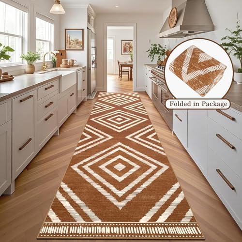 Boho Hallway Runner Rugs 2.6x14ft Non Slip, Long Brown Washable Entryway Rug Runners Non Shedding, Geometric Kitchen Floor Carpets for Doorway Entrance Farmhouse Living Room Home Decor - Image 2