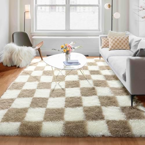 KICMOR 5x7 Beige and Cream White Area Rugs Fluffy Living Room Carpet, Large Fuzzy Checkered Shag Rug for Bedroom Aesthetic, Soft Plush Shaggy Rug for Kids Girls Boys Nursery Room Playroom Home Decor - Image 5