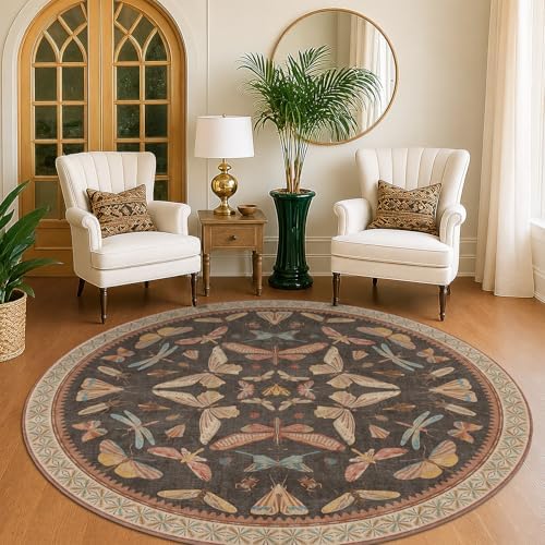 Vintage 6ft Round Living Room Rug, Brown Washable Circle Carpet for Entryway, Home Office & Reading Corner, Soft Stain Resistant Boho Insect Rug by HazoHaus