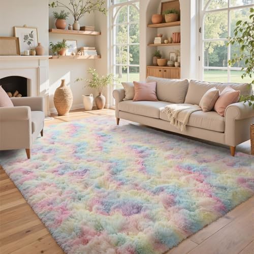6x9 ft Fluffy Rainbow Area Rug for Bedroom Soft Fuzzy Living Room Rug Non-Slip Shag Rugs Carpet for Nursery Kids Play Room Dorm Office Indoor Modern Plush Carpets - Image 2