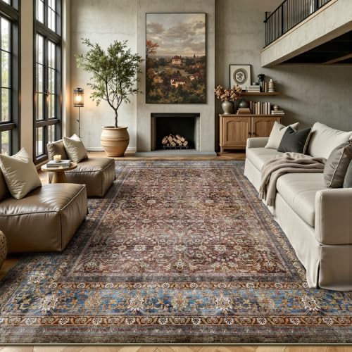 9x12 Area Rugs for Living Room - Washable Vintage Retro Large Rug, Soft Ultra Thin Non Slip Low Pile Traditional Distressed Boho Carpet for Bedroom Dining Room Home Office, Dark Red Brown by Yarooge
