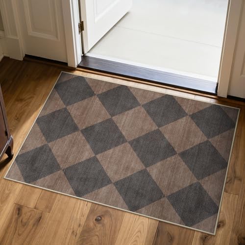 Beeiva Checkered Print 2x3 Samall Area Rugs for Entryway, Washable Stain Resistant Kitchen Rug Non Slip Ultra Thin 2x3 Bath Mat, Plaid Moroccan Alfombra for Bedroom Laundry Sink (Brown/Black) by Beeiva