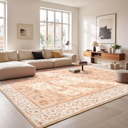 Goideal Peach Rug for Girls Room, 6x9 Floral Washable Area Rug Non Slip, Boho Low Pile Carpet with Rubber Backing for Bedroom Living Room Bathroom Playroom Nursery Office - Image 2