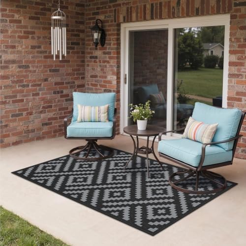 GENIMO Outdoor Rug 3'x5' Waterproof for Porch, Plastic Door Mat Black Grey - Image 4