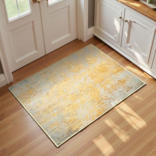 Entrance Rugs Indoor 2x3 Orange, Silver & Gray Entry Rug Washable Abstract Small Area Rug Non-Slip Low Pile Throw Rugs for Entryway, Kitchen Floor, Front Door Indoor Door Mat, Bedroom Bedside by OmpaaHomeDecor