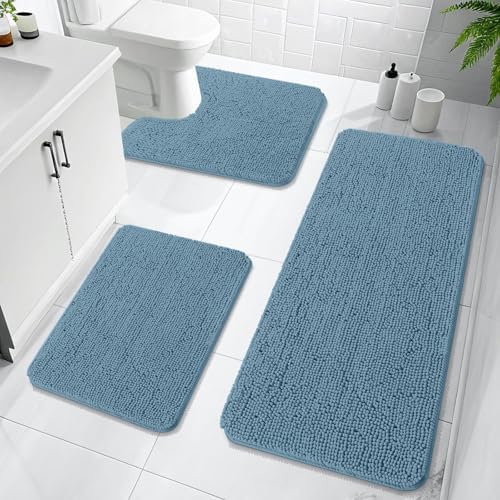 OLANLY Bathroom Rugs Sets 3 Piece, 47"x20"+24"x16"+24"x20", Airy Blue by OLANLY