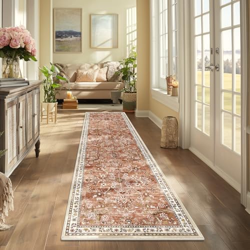 Yamaziot 2x10 Washable Hallway Runner Rug Non Slip Floral Carpet, Brick-red - Image 7