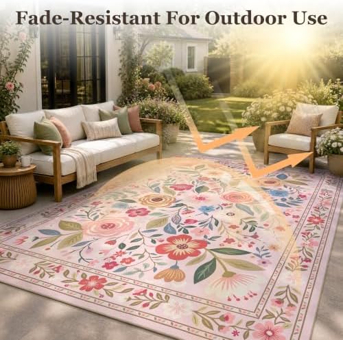PADOOR Outdoor Rug 8x10 ft, Floral Washable Indoor Outdoor Area Rug, Flat‑Woven with Quick Dry Patio Carpet, Fade & Shed Resistant, Non‑Slip & Soft for Patio, Deck, Backyard, Porch, Living Room, Pink - Image 2