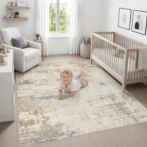 Area Rug Living Room: 4x4 Modern Washable Soft Carpet Beige Brown - Image 5