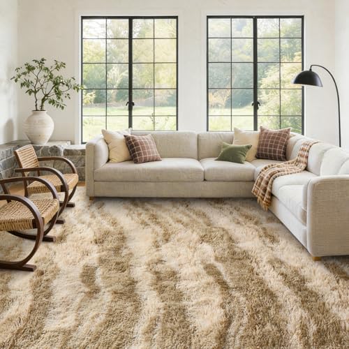 6x9 Large Fluffy Shaggy Area Rugs Non-Slip for Living Room Tie-Dyed Khaki - Image 4
