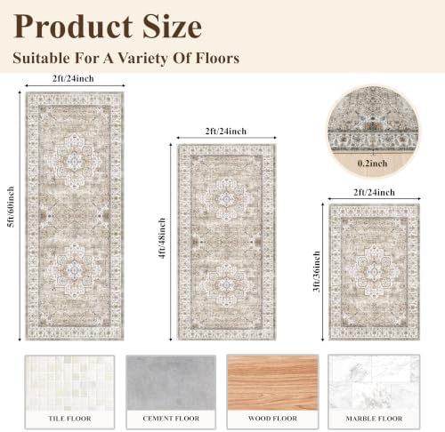 Washable Kitchen Rugs Sets of 3: Non-Slip Boho Kitchen Mats for Floor - Soft Low Pile Carpet Runner for Sink,Entryway,Bathroom Indoor Small Accent Rug Home Decor for Hallway (Beige/Brown,2x3+2x4+2x5) - Image 2