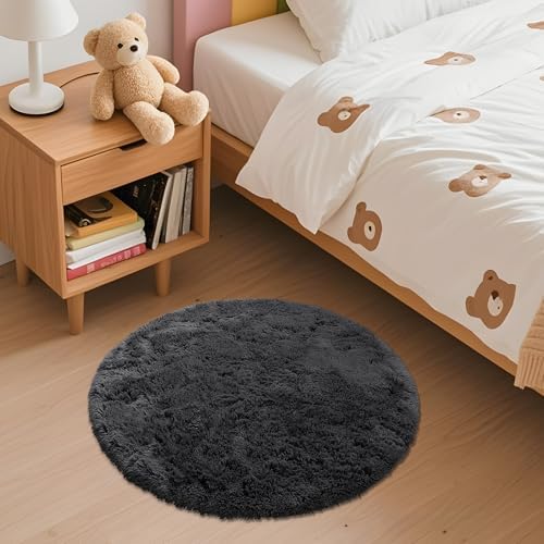 OLANLY Black Round Rugs for Bedroom - Machine Washable, 2 ft Circle Area Rugs for Living Room, Soft and Fluffy Shaggy Carpet for Teen Girls and Boys, Nursery Rooms, Dorms, Home Decor Aesthetic - Image 3