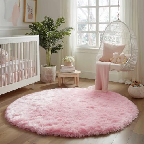 Amdrebio Pink Big Fuzzy Furry Circle Rug 8Ft for Living Room Girls Bedroom - Image 6