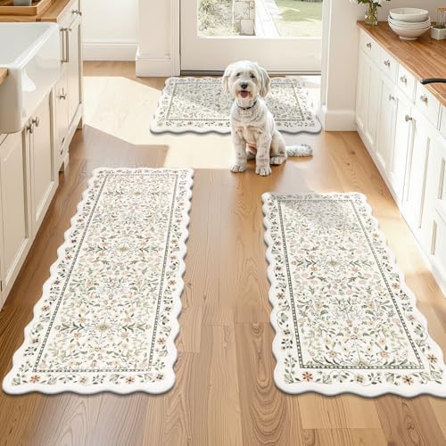 Yamaziot Boho Anti Fatigue Kitchen Rug Set of 3 Scalloped, Light Green by Yamaziot