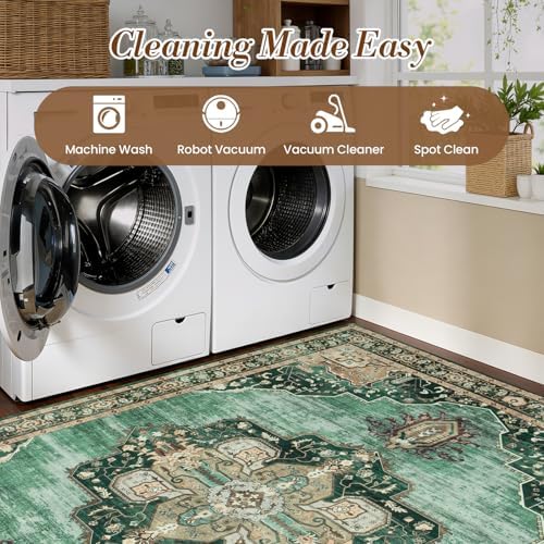 8x10 Green Area Rugs for Living Room Bedroom, Vintage Washable Rug - Image 5