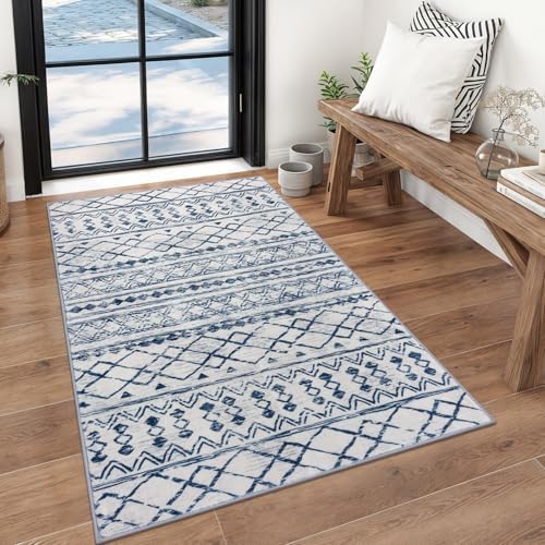 KUTA Vintage Boho Washable Rugs 3x5, Moroccan Entryway Rug Blue White by KUTA
